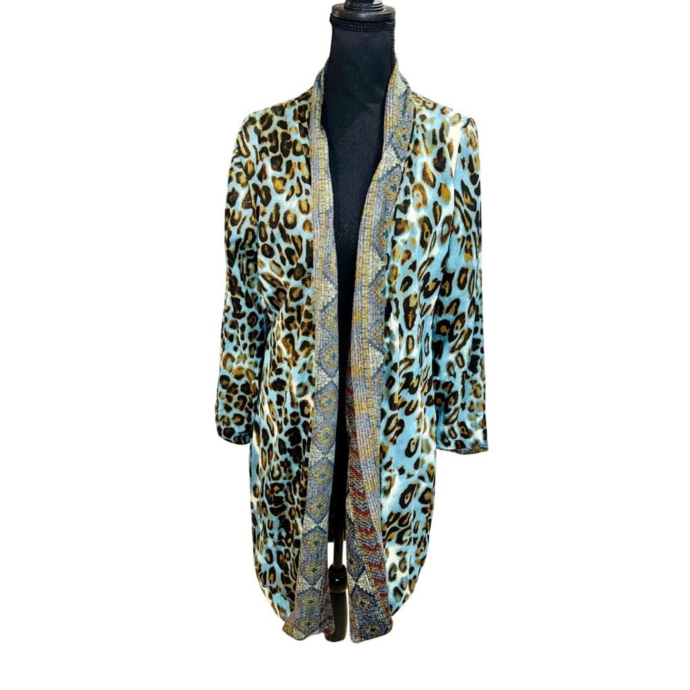Turquois Brown Reversible Open Kimono Cardigan Jacket Embroidered Boho Indie